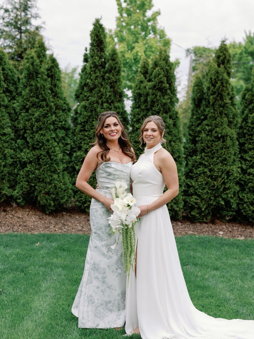 Dessy Collection Strapless Silver-Green Brocade Evening Gown